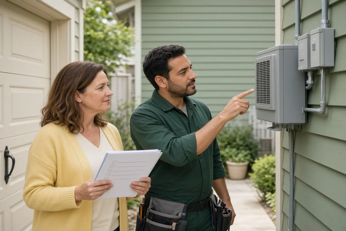 Homeowner with a checklist beside an installer near garage wall solar equipment