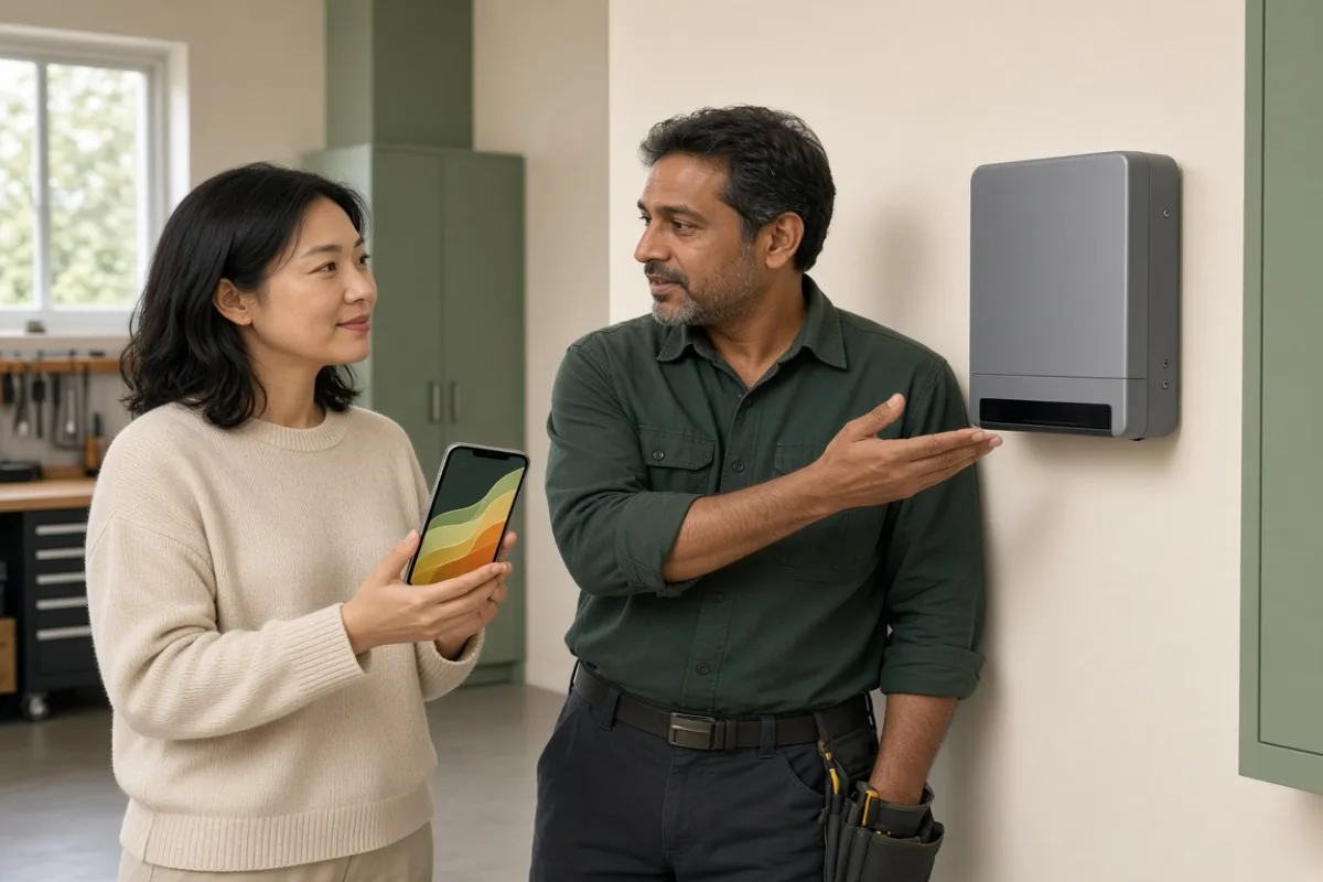 Homeowner and installer review a solar monitoring app near a wall-mounted inverter