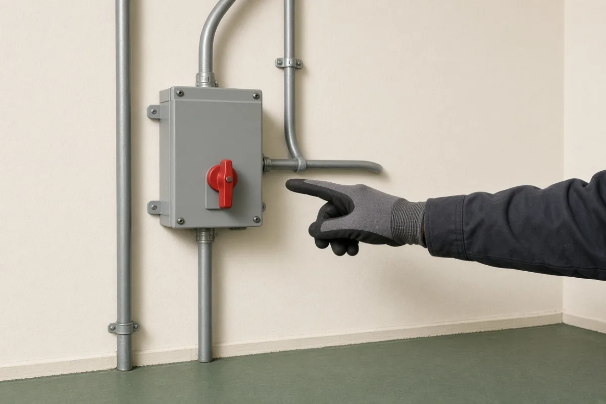 Emergency disconnect switch on a garage wall beside electrical conduit