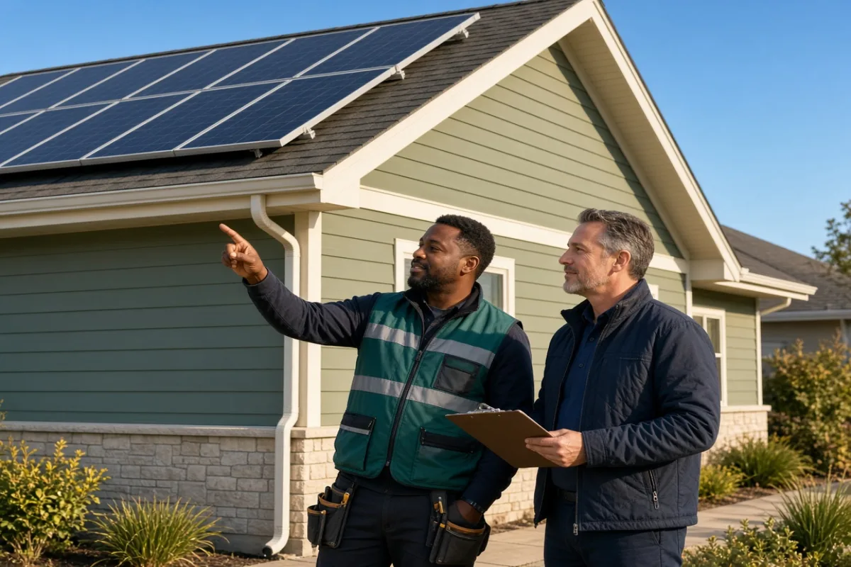 Installer and homeowner review roof solar panels from the side of a suburban house