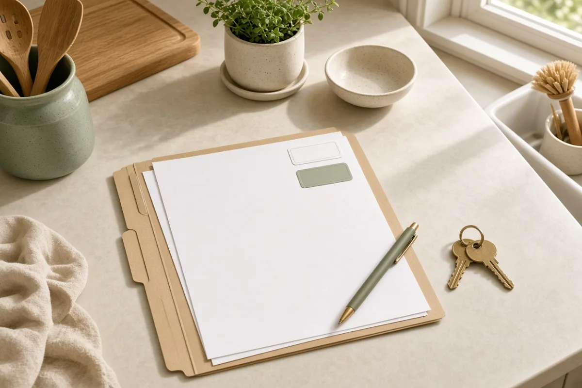 Open warranty folder with permit copies, diagrams, and equipment stickers on a kitchen counter